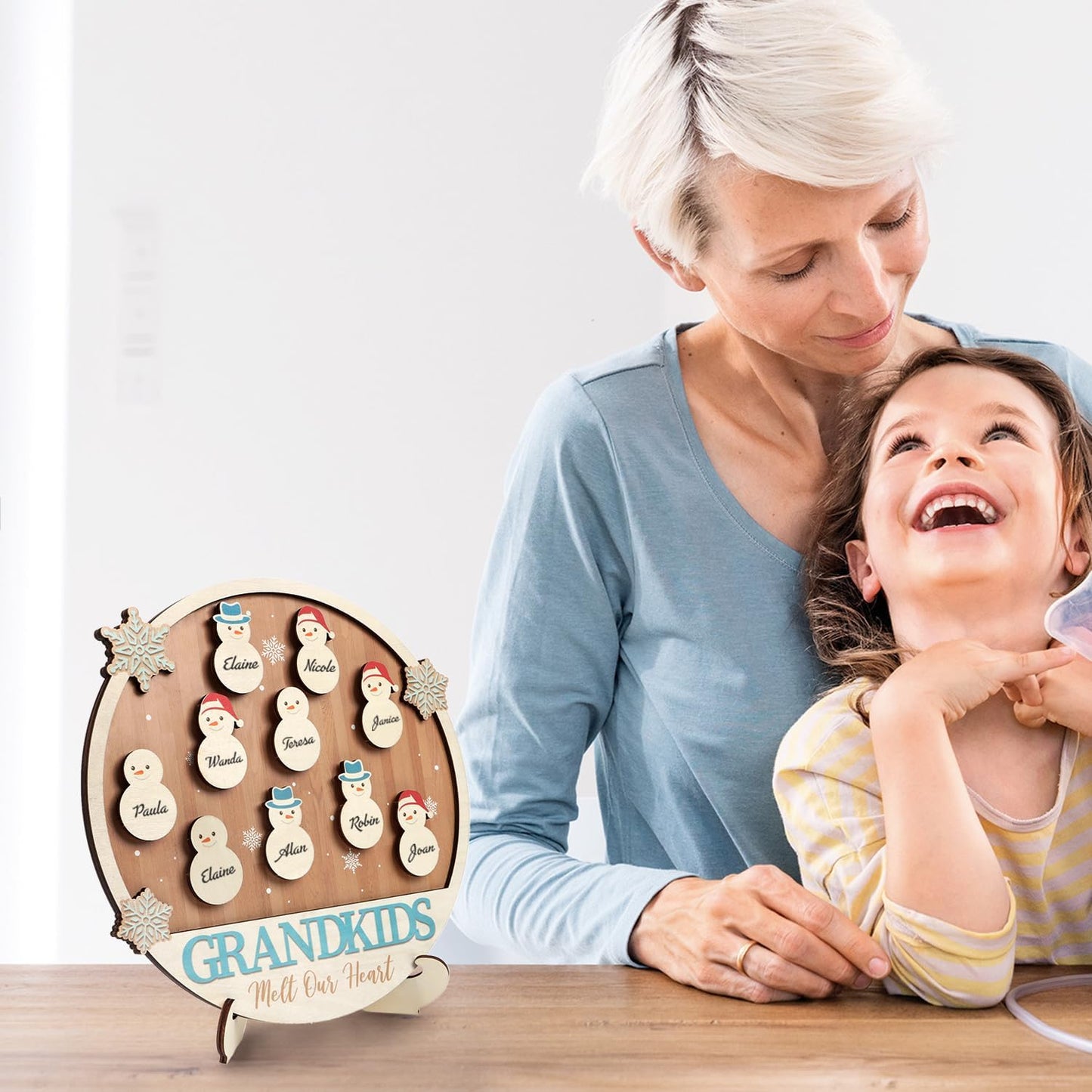 Grandkids Name Sign Snowman Tag Desk Plaque Decor(11.4X11.4 Inches), DIY Family Tree Names Wall Sign, Grandkids Love Sign Melt Our Heart Winter for Grandparents Grandma Nana