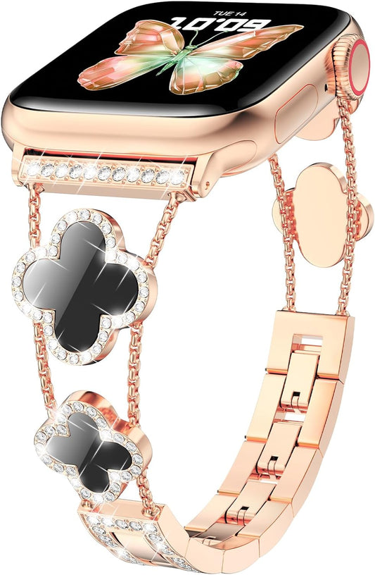 Bling Womens Band Compatible with Apple Watch Band 42Mm 44Mm 45Mm Series 9 8 7 6 5 4 3 2 1 SE, Sparkle Diamond Replacement Bracelet Wristband, Cute Lucky Clover Dressy Iwatch Band,Rose Gold/Black