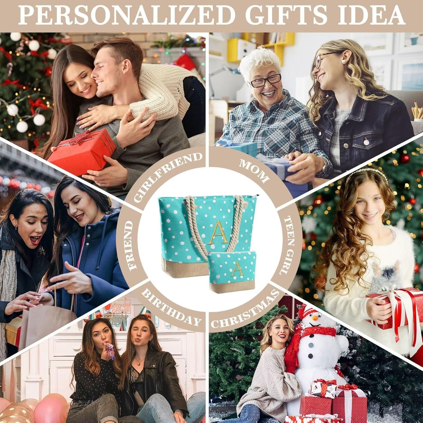 Gifts for Women - Personalized Birthday Gifts for Mom Friend, Travel Gifts Beach Tote Bag & Makeup Bag