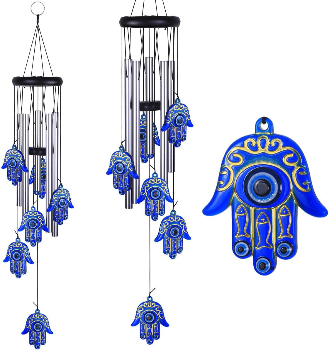 Blue Evil Eye Hamsa Hand Wind Chimes Outdoor Decoration, Hand of Fatima Windcatcher, Evil Eye Wind Bells, Hand of Fatima Blue Evil Eye Amulet Wind Chimes for Home, Gift for Mom, Balcony, Patio, Garden