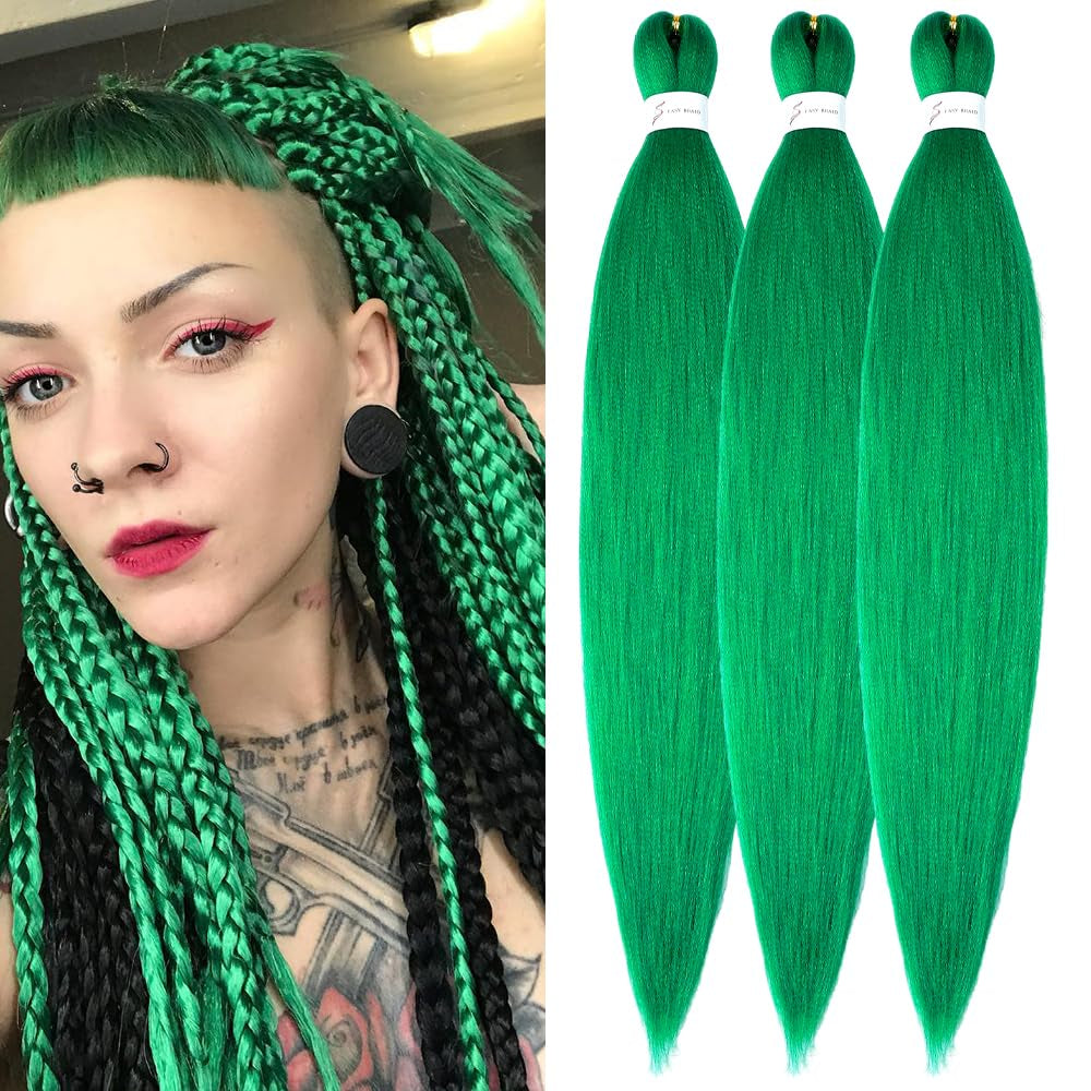 Green Braiding Hair Extensions 16 Inch Pre Stretched Braiding Hair Hot Water Setting Synthetic Hair Pre Stretched Crochet Braids Hair(16 Inch,3 Packs,Green#）