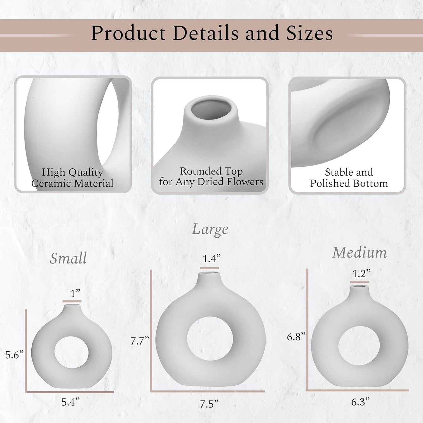 Set of 3 White Ceramic Vase with 65 PCS Dried Pampas Grass Flowers Aesthetic Boho Modern Small round Cute Vases for Decor Living Room Coffee Table Shelf Bedroom Office Desk Home Gifts Women Mom