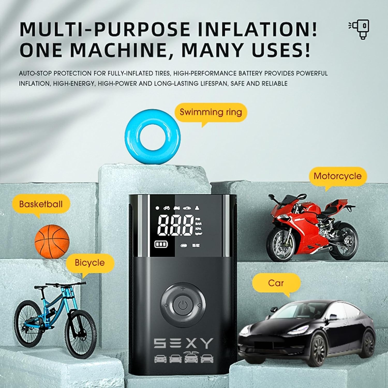 Tire Inflator Air Compressor for Model 3 Y X S,Cordless Portable Air Pump,2024 Accessories with Tire Pressure Gauge and Emergency Light,Multipurpose Tire Pump