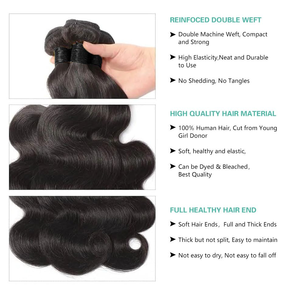 Human Hair Bundles 20 22 24 Inch Body Wave Bundles Human Hair 12A 100% Unprocessed Brazilian Virgin Hair Weave Bundles Human Hair Body Wave 3 Bundles Deals Real Human Hair Extensions Natural Black