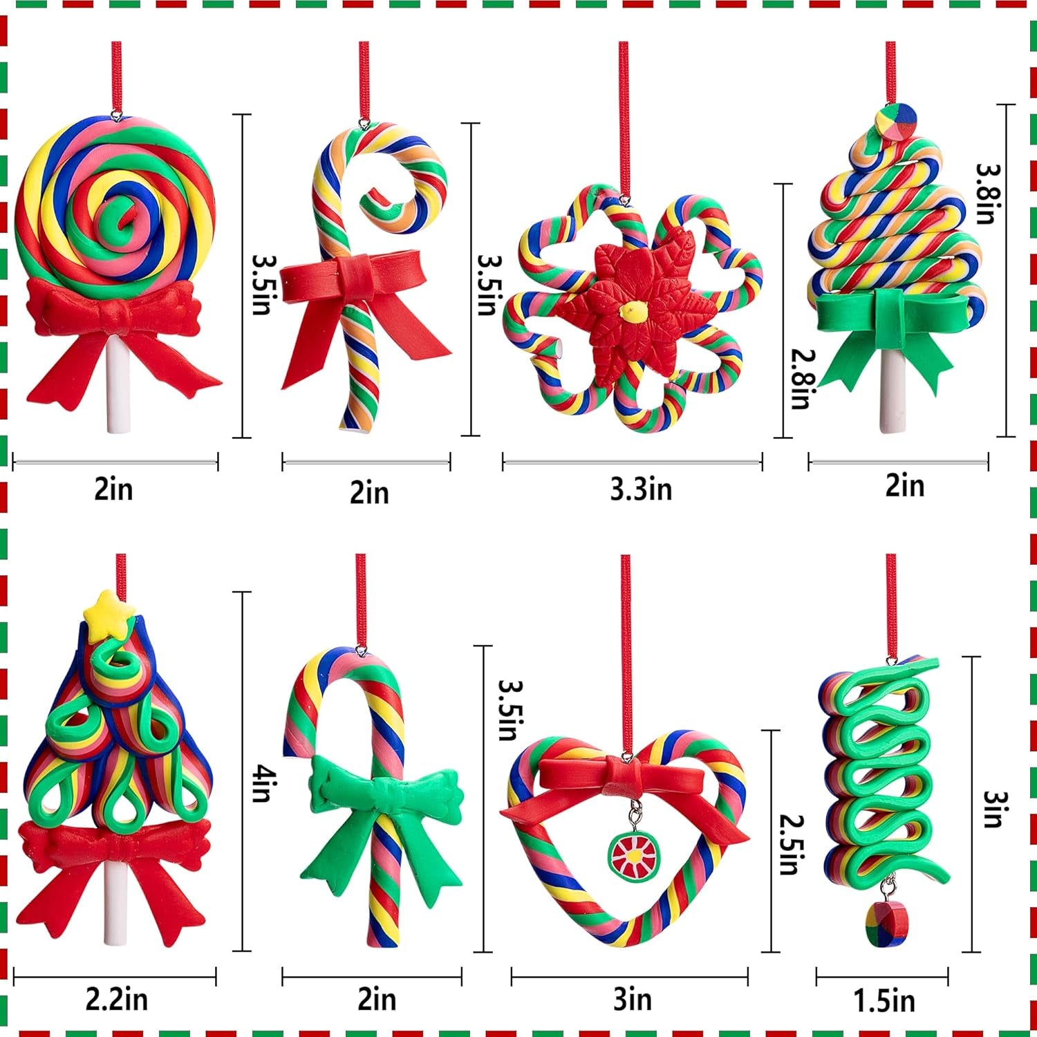 8 Pcs Christmas Lollipop Ornaments- Rainbow Candy Cane Hanging Ornaments for Christmas Tree- Christmas Candies Polymer Clay Ornament for Xmas Tree Party Decoration