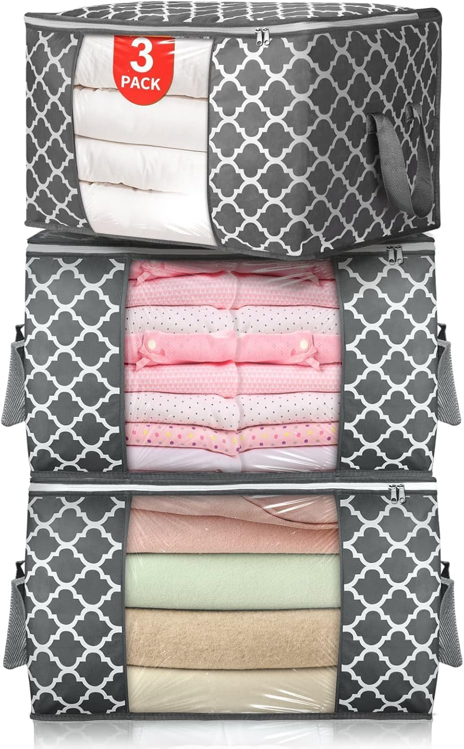 90 L Large Storage Bags, 6 Pack Clothes Storage Bins Foldable Closet Organizers Storage Containers with Reinforced Handle for Clothing, Blanket, Comforters, Bed Sheets, Pillows and Toys (Gray)