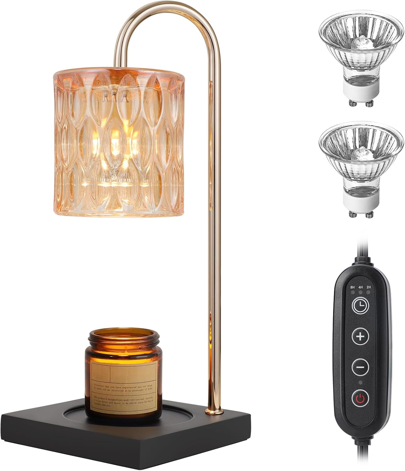Candle Warmer Lamp, Dimmable Candle Warmer Lamp for Jar Candles, Glass Candle Warmer Lamp with Timer 2H/4H/8H Nightstand Lamp for Bedroom (2 Wax Warmer Bulbs)