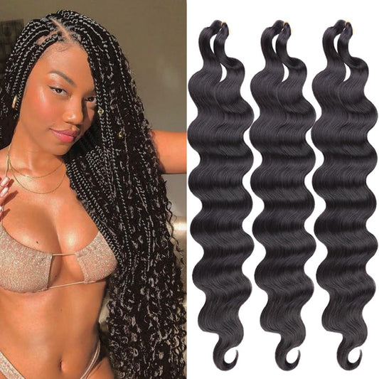 3 Packs 24 Inch Pre-Feathered Natural Black Body Wave Braiding Hair for Goddess Box Braids Crochet Hair French Curl Crochet Braids Synthetic Hair Extensions(1B#)