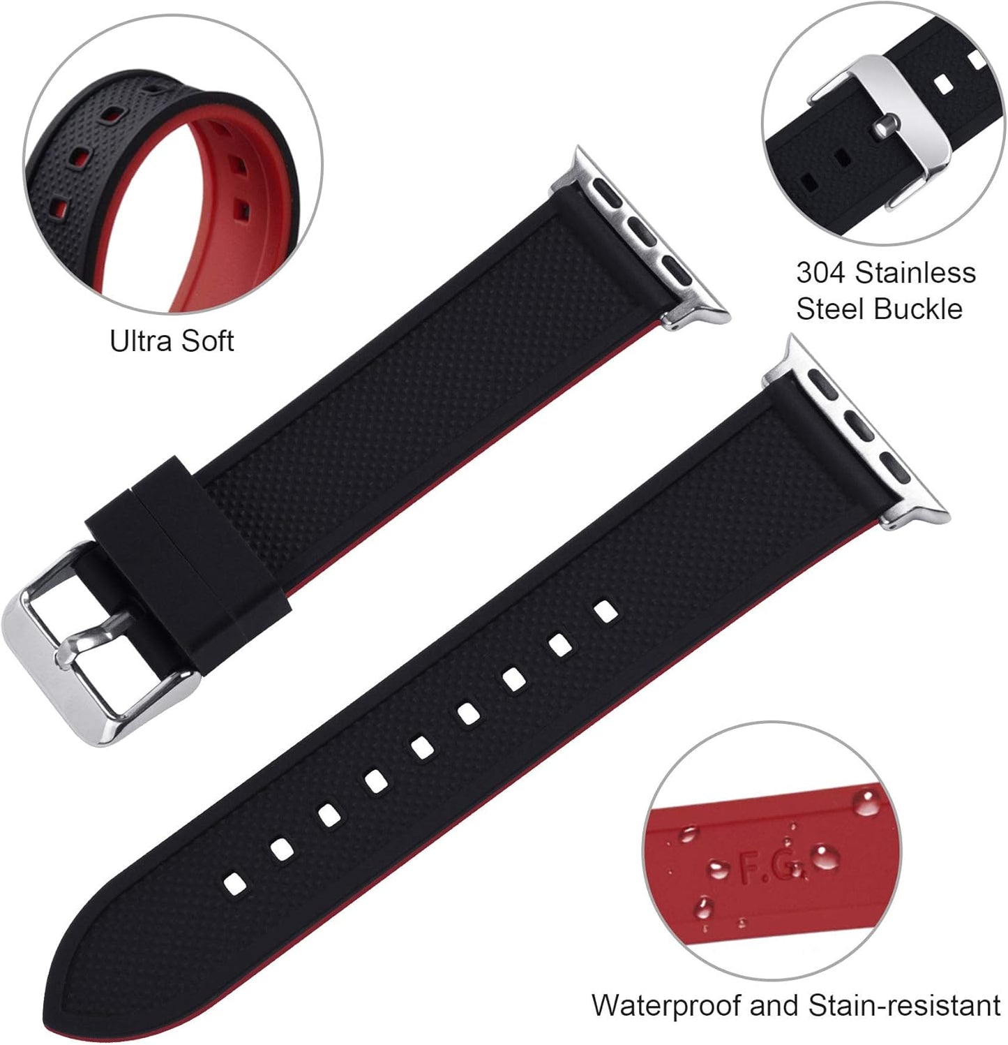 Compatible Sport Bands for Apple Watch Series 10 42Mm, 9/8/7 41Mm, SE2/SE/6/5/4 40Mm, 3/2/1 38Mm,Silicone Rubber Iwatch Band for Women Men, Black Top/Red Bottom