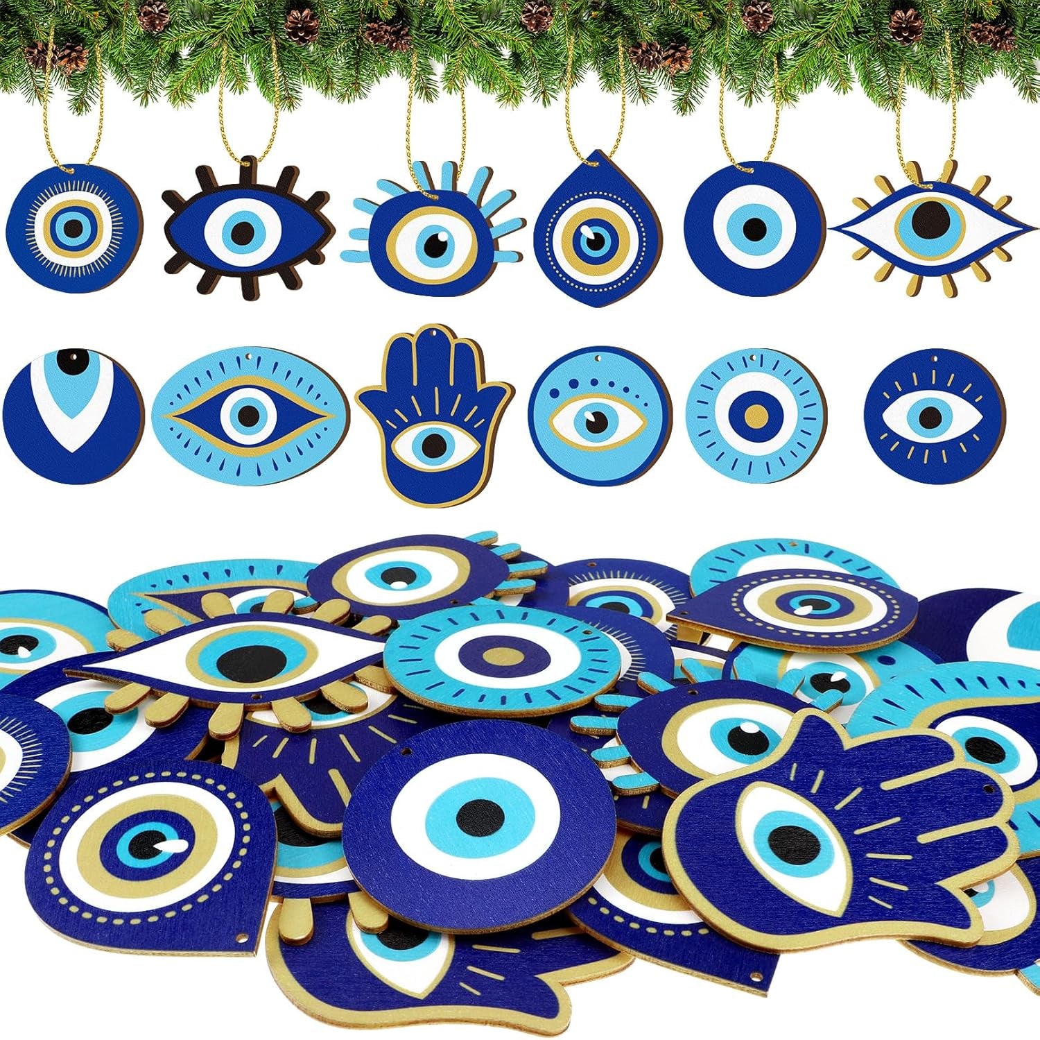 36 Pieces Evil Eye Ornaments for Christmas Tree Wooden Evil Eye Hanging Ornaments Decorations for Christmas Holiday Decor