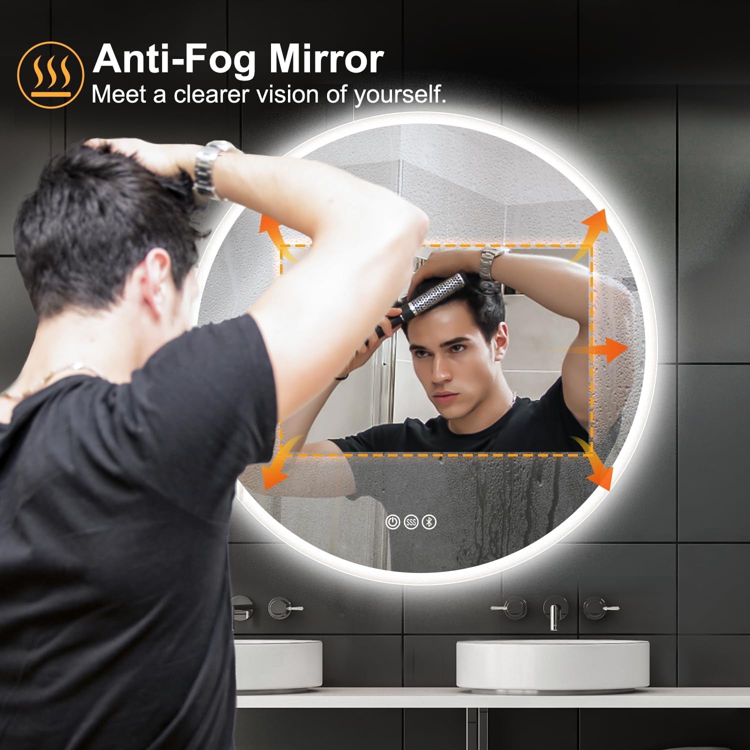 S·BAGNO 24’’ round Led Bathroom Mirror with Lights, Backlit and Front Lighted, Anti-Fog Wall-Mounted Vanity Mirror 3000K/4000K/6500K, Dimmable inside Bluetooth Speaker Smart Mirror