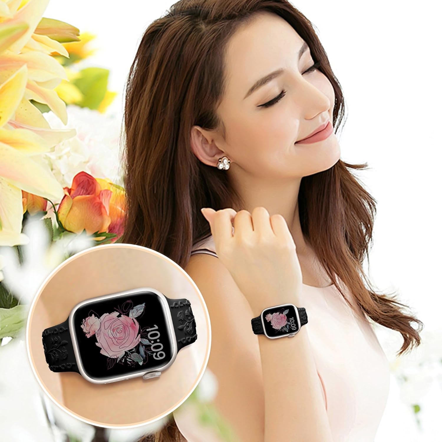 Dressy Floral Engraved Band for Apple Watch Bands for Women 46Mm 44Mm 45Mm 42Mm 49Mm, Soft Silicone Iwatch Bands for Women, Designer Band for Appe Watch Series 10 9 8 7 6 5 4 3 SE Ultra-Black