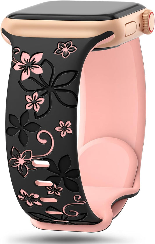 Floral Engraved Bands Compatible with Apple Watch Band 41Mm 40Mm 44Mm 45Mm 42Mm 38Mm 49Mm for Women,Cute Flower Iwatch Bands Soft Silicone Sport Strap for Iwatch Series SE 9 8 7 6 5 4 3 2 1 Ultra