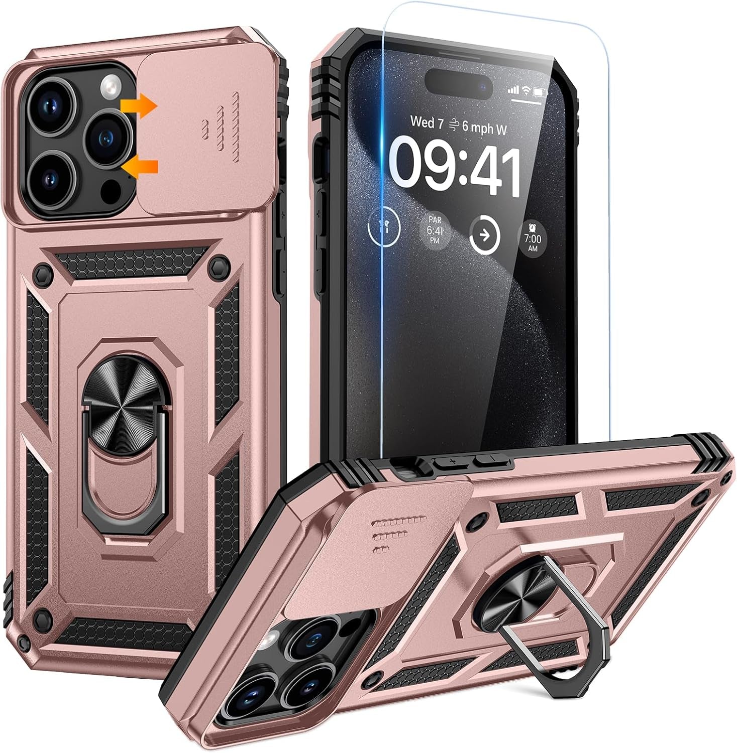 Compatible for Iphone 16 Case with Screen Protector - Slide Camera Cover Protective Phone Case with Ring Stand, Heavy Duty Shockproof Rugged Bumper for Iphone 16 Accessories Blue