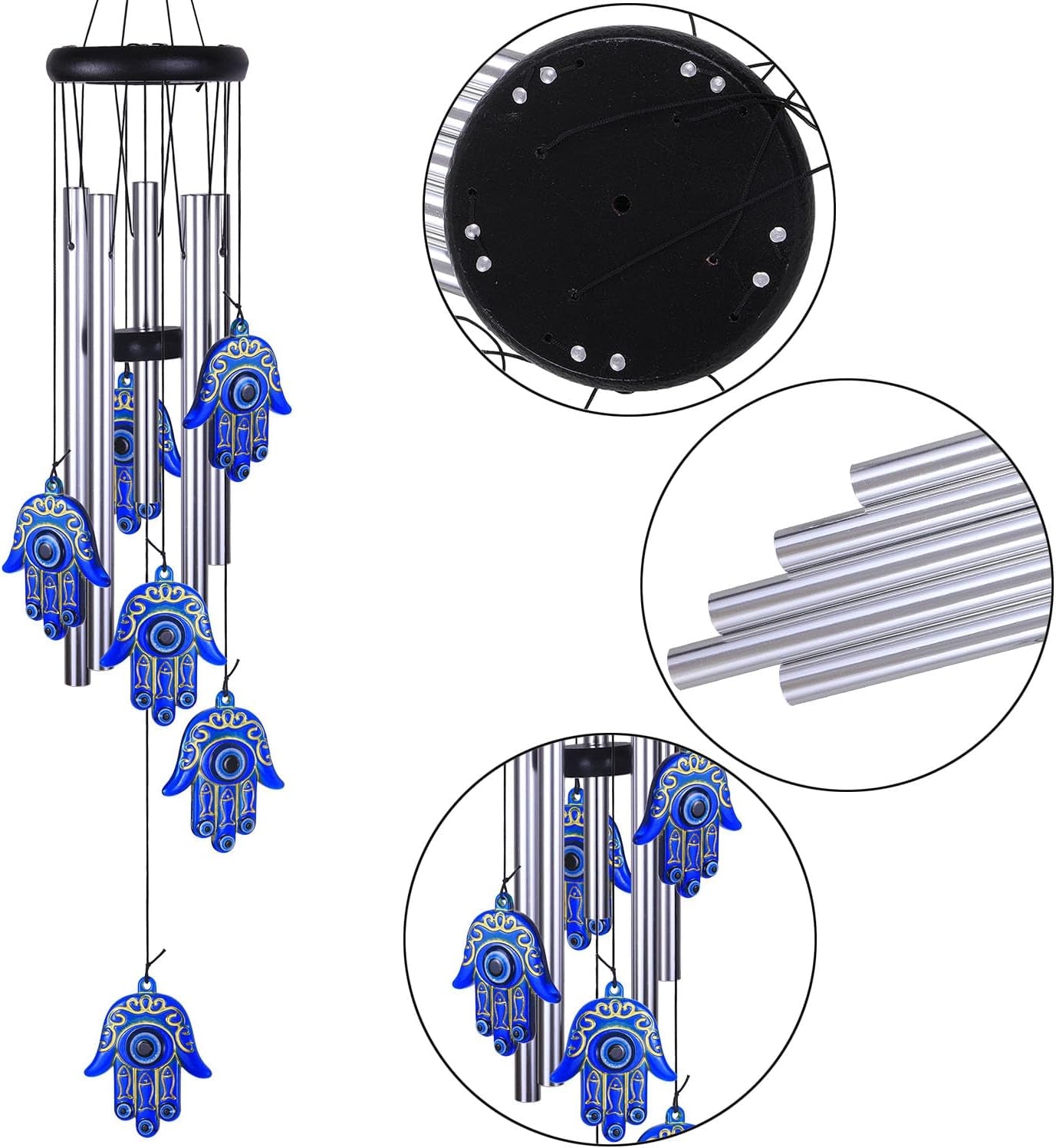 Blue Evil Eye Hamsa Hand Wind Chimes Outdoor Decoration, Hand of Fatima Windcatcher, Evil Eye Wind Bells, Hand of Fatima Blue Evil Eye Amulet Wind Chimes for Home, Gift for Mom, Balcony, Patio, Garden