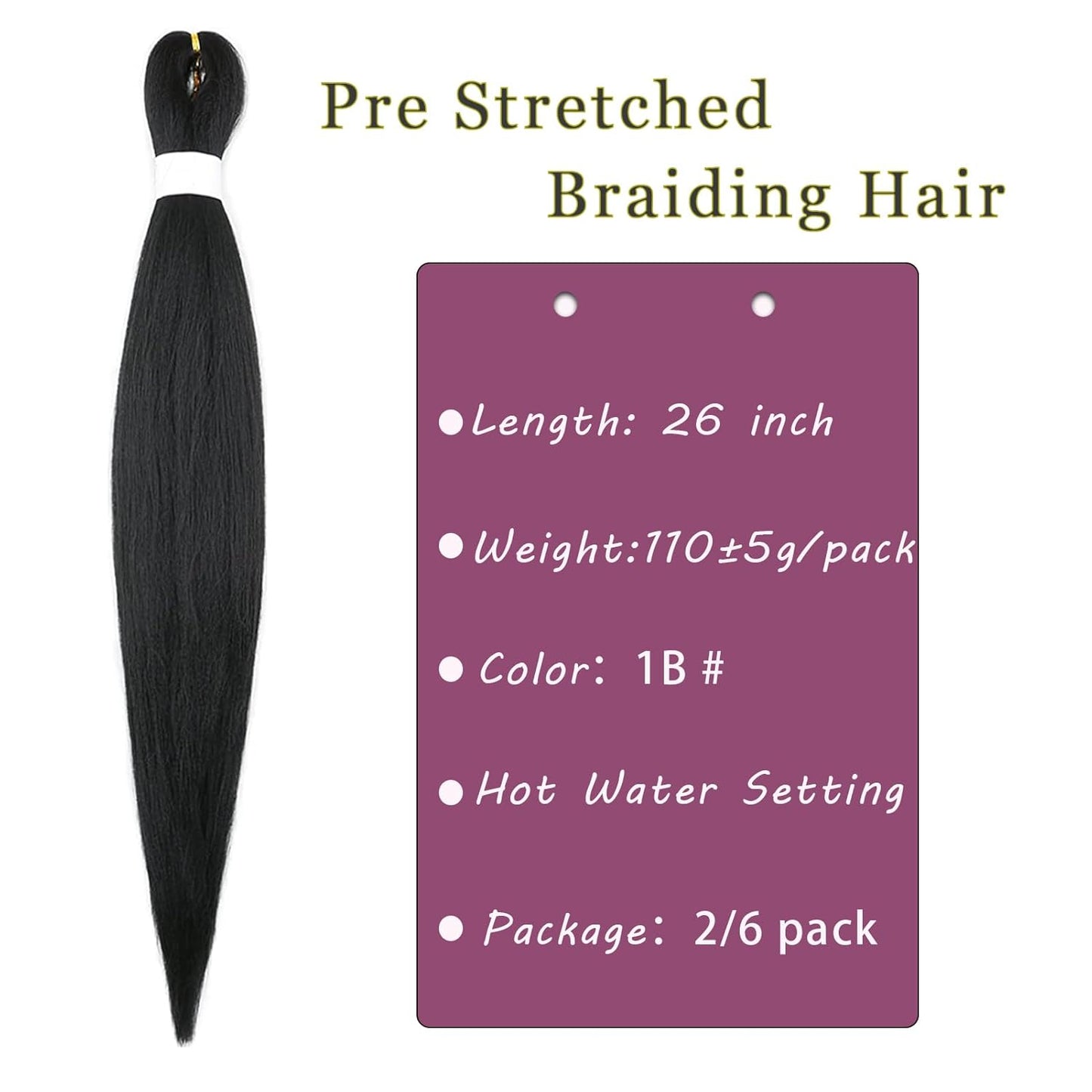 Black Braiding Hair Pre Stretched 26 Inch 2 Packs （3.9Oz/Pack）Pre Stretched Braiding Hair Long Straight Kanekalon Braiding Hair Soft Yaki Synthetic Hair for Braiding (1B Braiding Hair)