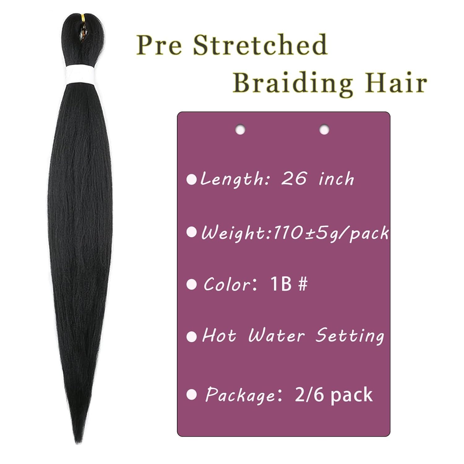 Black Braiding Hair Pre Stretched 26 Inch 2 Packs （3.9Oz/Pack）Pre Stretched Braiding Hair Long Straight Kanekalon Braiding Hair Soft Yaki Synthetic Hair for Braiding (1B Braiding Hair)