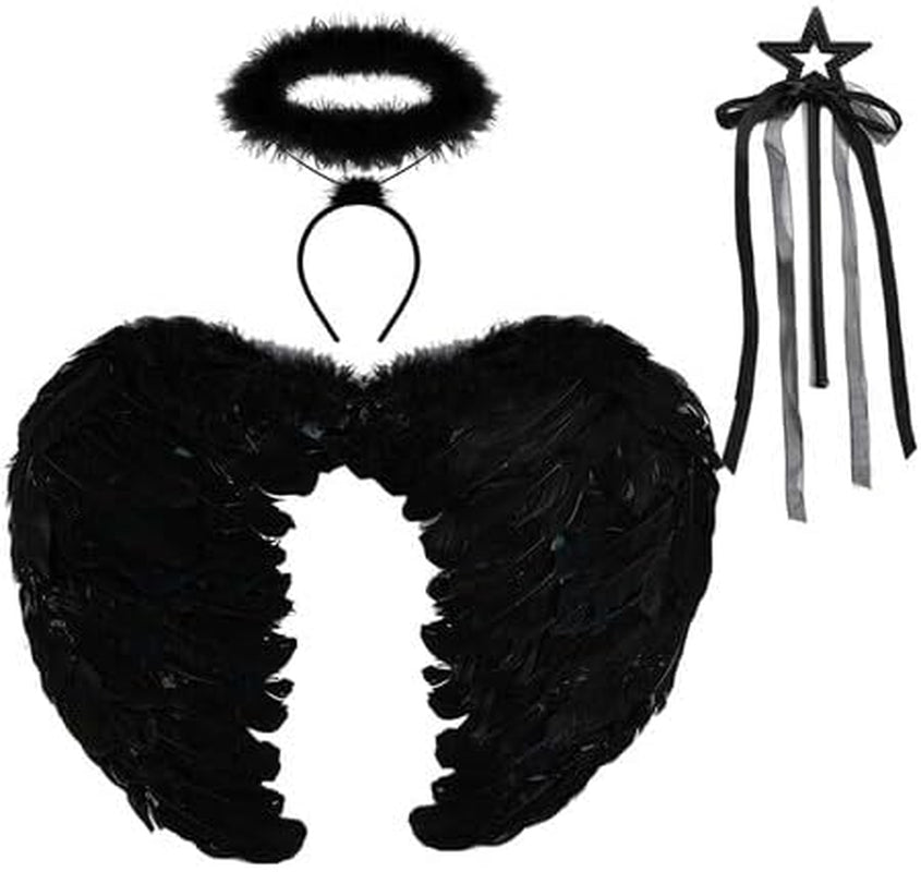 Black White Angel Wings Halo Headband with Wand for Kids Feather Fairy Wings Halloween Party Costume