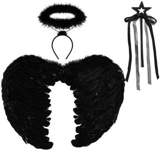 Black White Angel Wings Halo Headband with Wand for Kids Feather Fairy Wings Halloween Party Costume