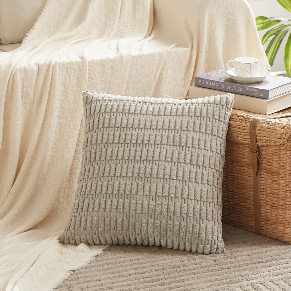 4 Packs Neutral Decorative Throw Pillow Covers 18X18 Inch for Living Room Couch Bed Sofa, Rustic Farmhouse Boho Home Decor, Soft Plush Striped Corduroy Square Cushion Case 45X45 Cm