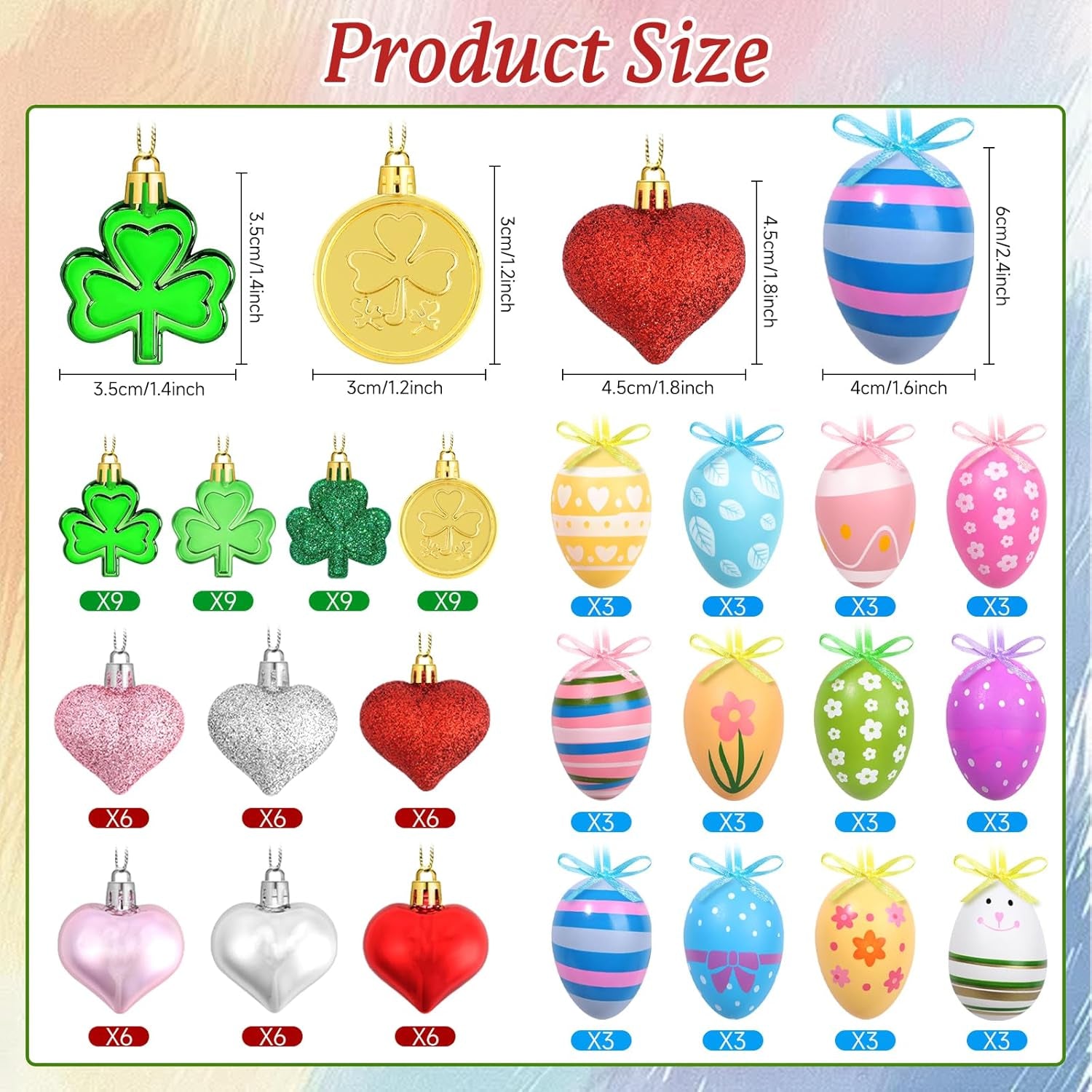 Valentines Day Decor Tree Decorations Set, 108 PCS Hanging Ornaments for Valentine'S Day St Patricks Easter, Romantic Decor Glitter Heart Shamrock Easter Egg for the Home Wedding Dinner Gifts Table