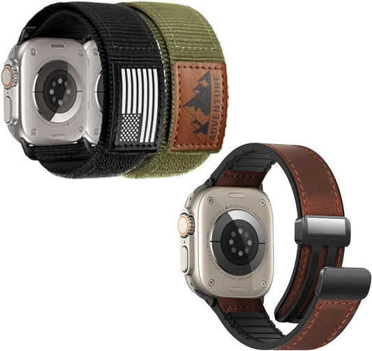 Magnetic Leather Bands Compatible and Rugged Nylon Band with Apple Watch Combination Set