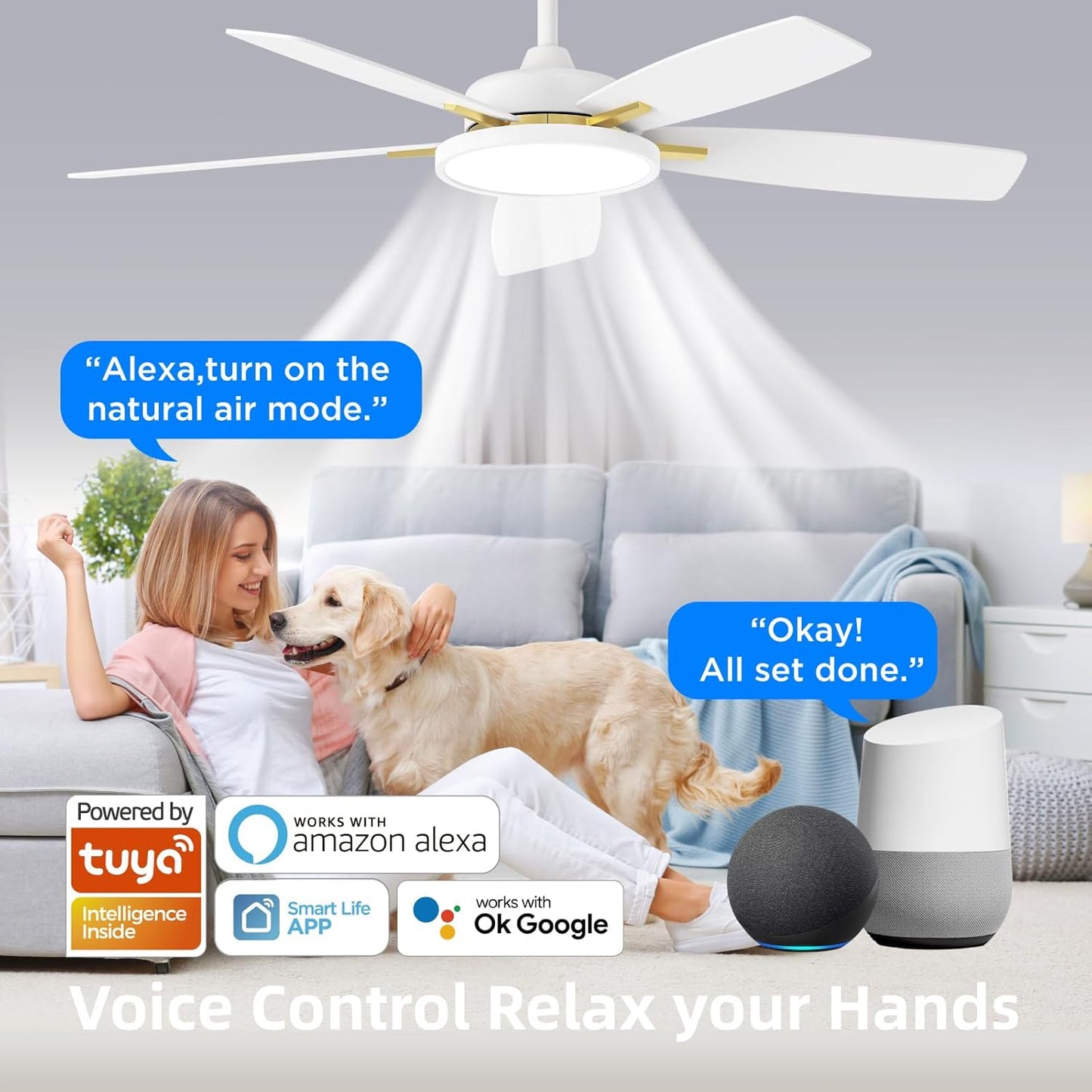 Ceiling Fans with Lights,Ultra Silent 52 Inch Smart Ceiling Fans with Dimmable LED Light Compatible with Google Home Alexa App Control(White Gold
