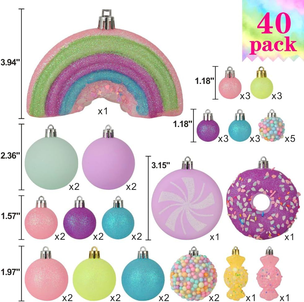 Christmas Tree Ornaments, 40 Pack Christmas Ornaments Set Pink Yellow Light Green Shatterproof Xmas Ornaments Decoration for Tree Home Holiday Party Centerpiece Garland Decor