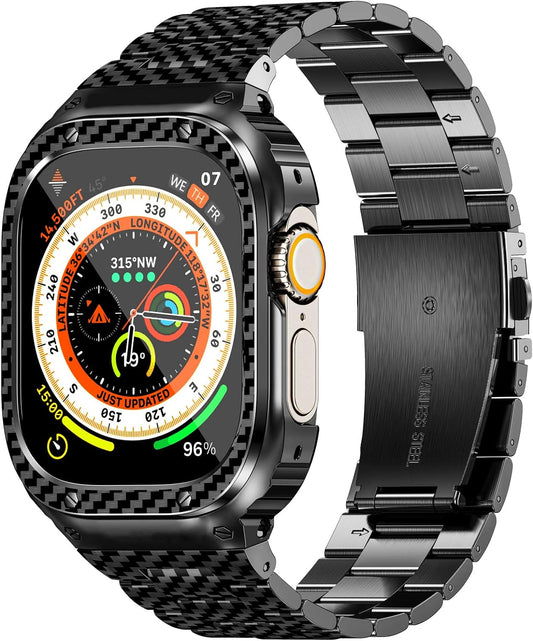 Stainless Steel Band and Case Compatible with Apple Watch Band 49Mm, Men Metal Protective Bumper Cover for Iwatch Ultra 2/1, Black Pattern