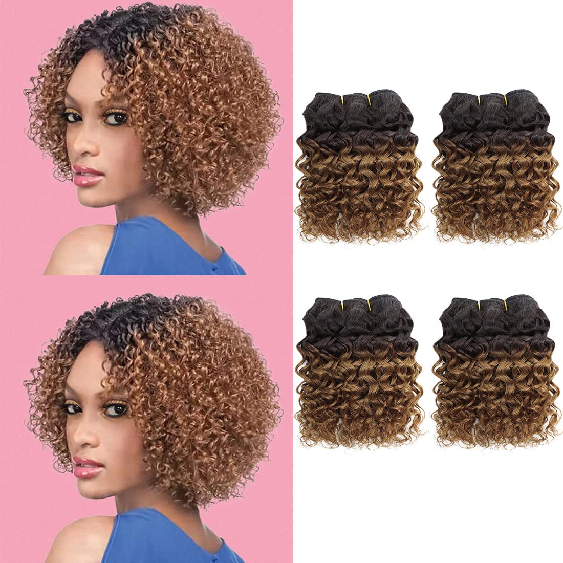 Human Hair Bundles 8 Inch Curly Human Hair 4 Bundles 1B/30# 12A Brazilian Virgin Hair Unprocessed Curly Weave Bundles Kinky Curly Bundles Human Hair 55 Gram/Bundle Wet and Wavy Bundles