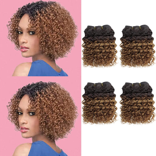 Human Hair Bundles 8 Inch Curly Human Hair 4 Bundles 1B/30# 12A Brazilian Virgin Hair Unprocessed Curly Weave Bundles Kinky Curly Bundles Human Hair 55 Gram/Bundle Wet and Wavy Bundles