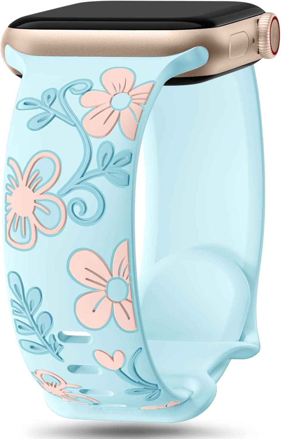 Floral Band Compatible with Apple Watch Bands for Women 40Mm 41Mm 38Mm 42Mm 44Mm 45Mm 46Mm 49Mm, Engraved Cute Flower Silicone Inlay Dressy Strap for Iwatch Series 10 9 8 7 6 5 4 3 2 SE Ultra