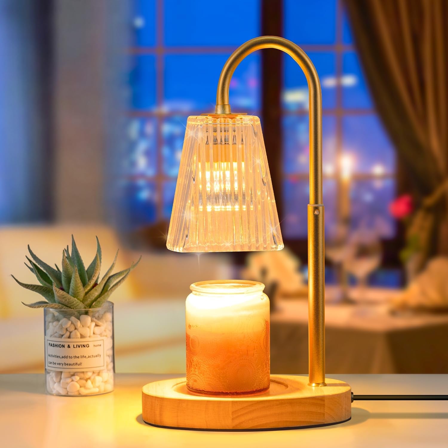 Candle Warmer Lamp with Timer: Electric Candles Wax Warmers Glass Lamps for Jar Candles Burner Adjustable Height and Dimmable Light Modern No Flame Scented Candle Warming Lantern, Amber
