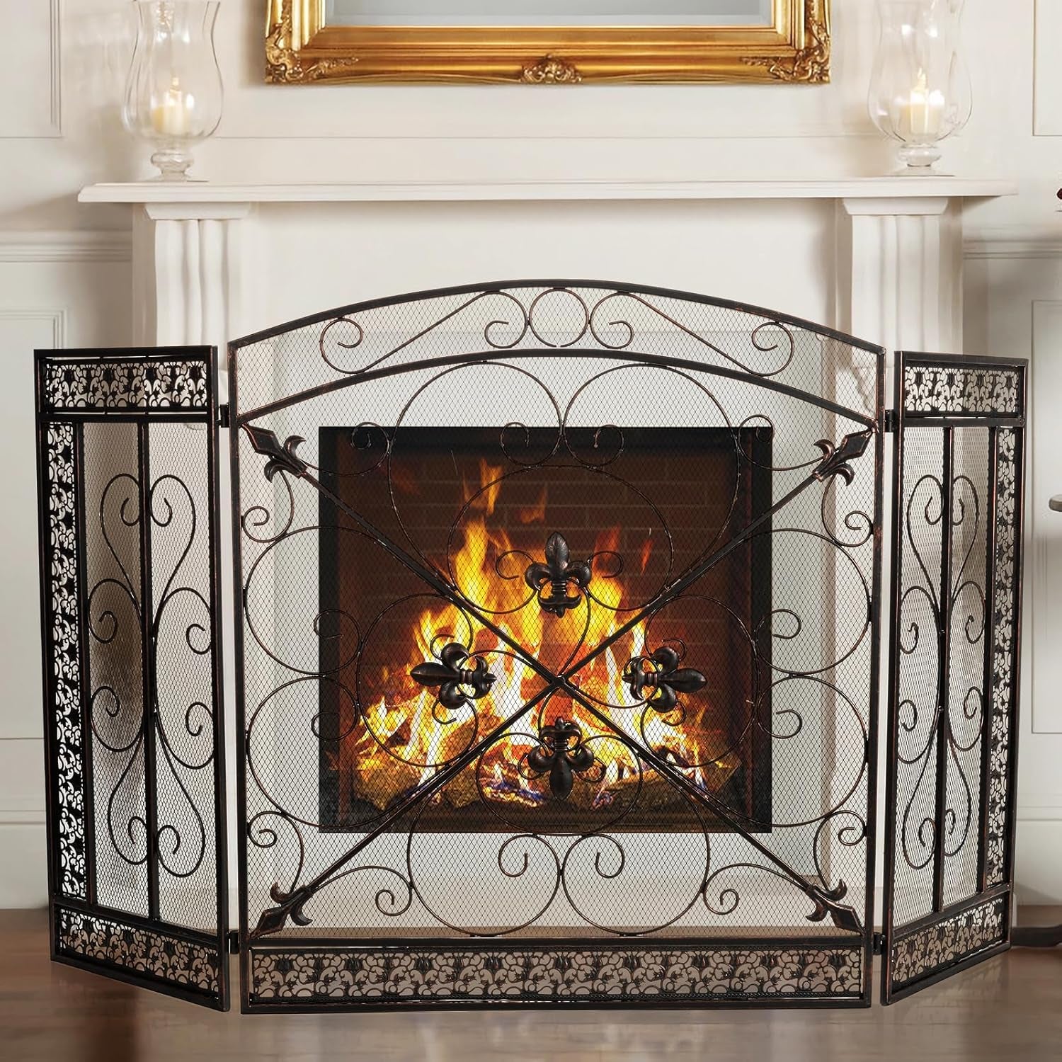 Fireplace Screen 3 Panel Folding Fireplace Screens 52.4 X 31 Inch Metal Furnace Fireguards Mesh Cover Baby Safe Proof Fence Spark Guard Cover Wrought Iron Fire Place Standing Gate (Bronze)