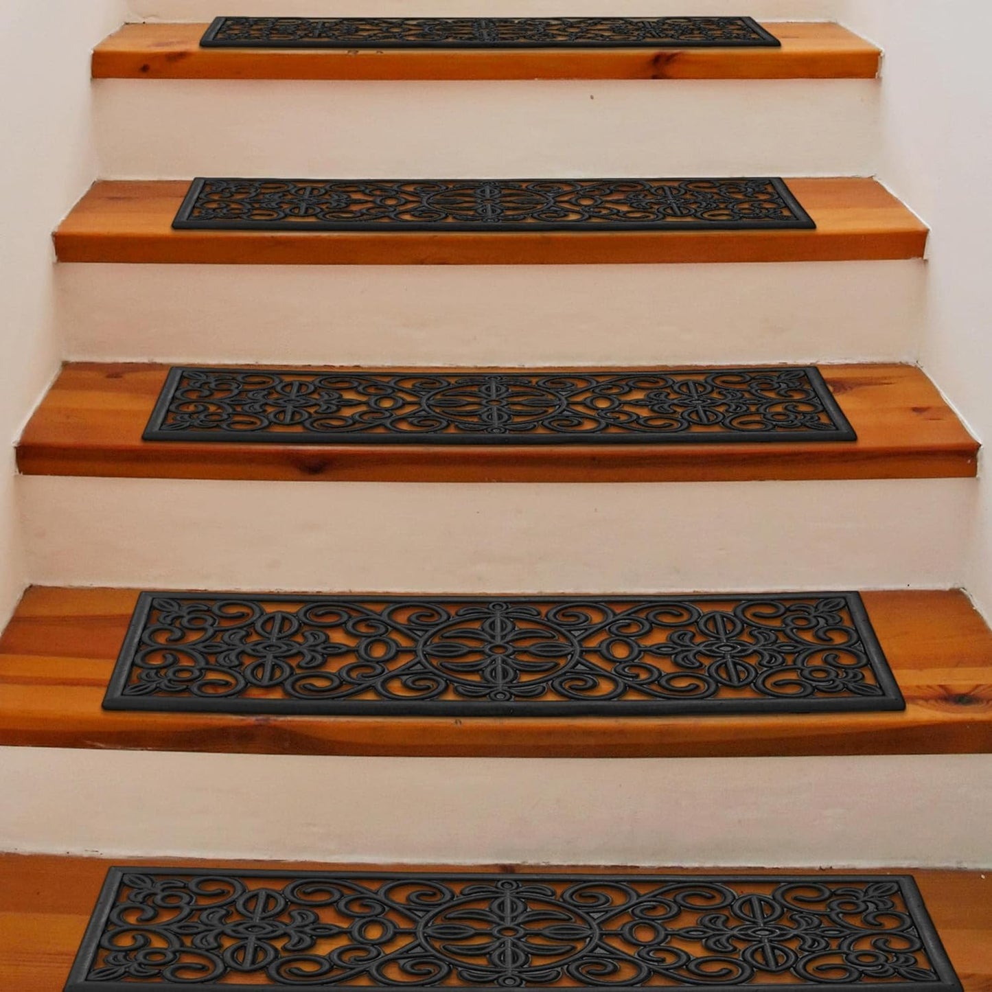 Indoor/Outdoor Hose-Wash Iron Wrought Design Non-Slip Rubber 10" X 30" Modern Stair Treads for Stairs, Garage, Patio, 5 Pack, Black Floral