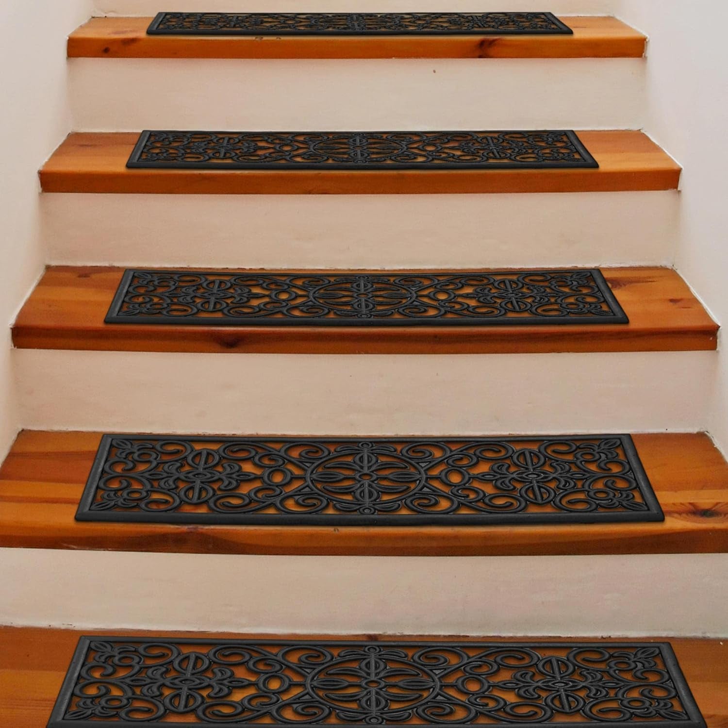 Indoor/Outdoor Hose-Wash Iron Wrought Design Non-Slip Rubber 10" X 30" Modern Stair Treads for Stairs, Garage, Patio, 5 Pack, Black Floral