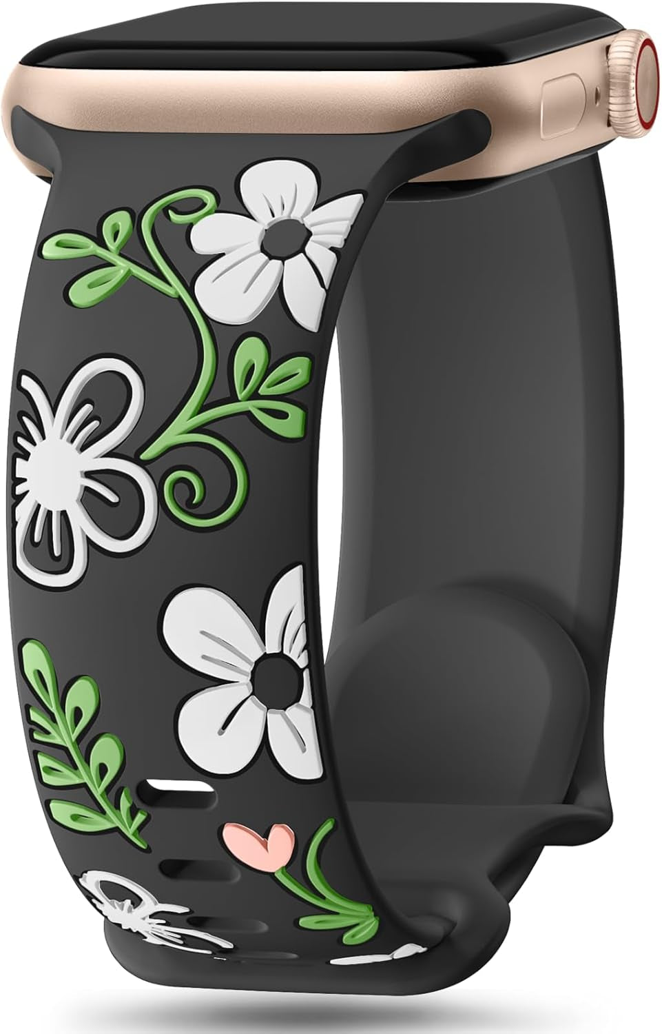 Floral Band Compatible with Apple Watch Bands for Women 40Mm 41Mm 38Mm 42Mm 44Mm 45Mm 46Mm 49Mm, Engraved Cute Flower Silicone Inlay Dressy Strap for Iwatch Series 10 9 8 7 6 5 4 3 2 SE Ultra