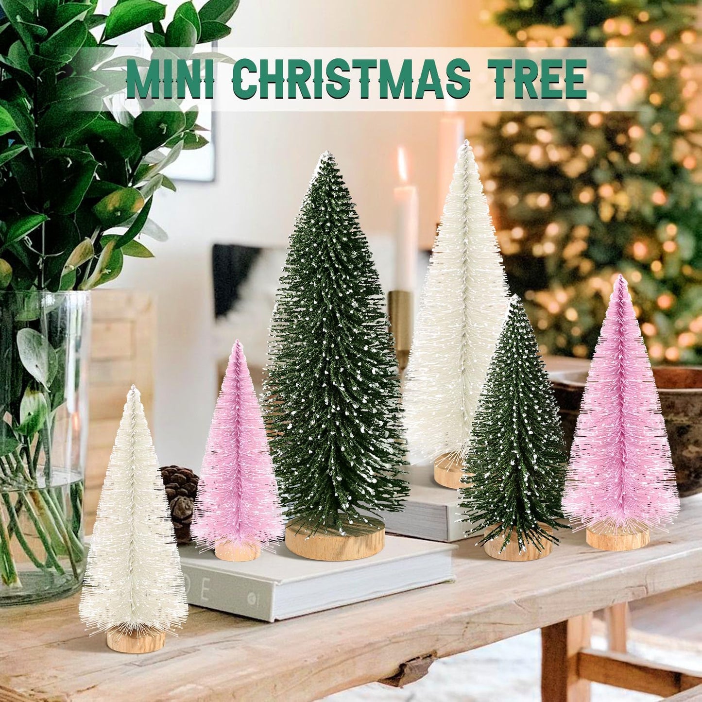 6Pcs Mini Christmas Trees Christmas Decor, Artificial Christmas Mini Bottle Brush Trees Tabletop, Christmas Decoration Trees with 4 Size Xmas Holiday Decor (6Pcs Green+Pink+Beige)