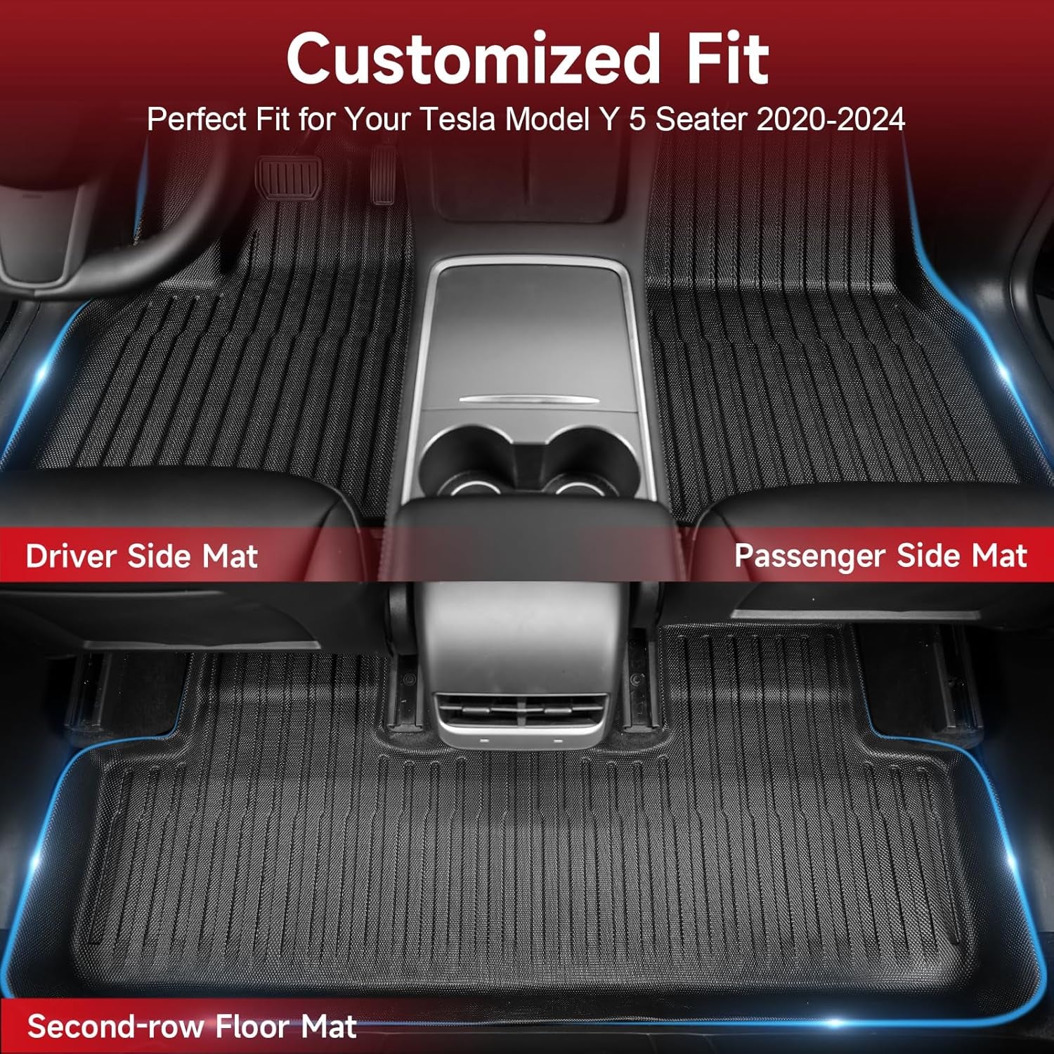 Floor Mats for Tesla Model Y 5-Seater 2020-2023 2024, All-Weather Cargo Liner Floor Mats for Tesla Model Y Accessories, Custom Fit Waterproof Anti-Slip Front Rear Cargo Liner Mat Full Set