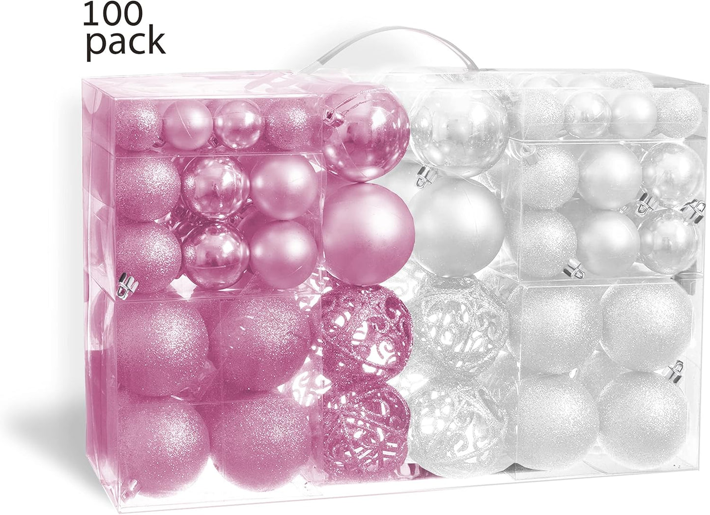 100 Pink and White Christmas Ornament Balls Shatterproof + 100 Metal Ornament Hooks, Hanging Ornaments for Indoor/Outdoor Xmas Christmas Tree, Holiday Party, Home Décor Sizes, 1.2" 1.6" & 2.4"