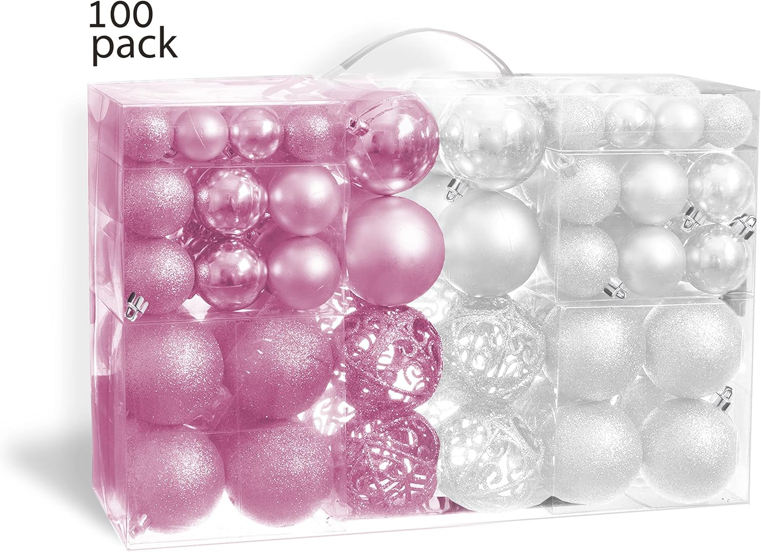 100 Pink and White Christmas Ornament Balls Shatterproof + 100 Metal Ornament Hooks, Hanging Ornaments for Indoor/Outdoor Xmas Christmas Tree, Holiday Party, Home Décor Sizes, 1.2" 1.6" & 2.4"