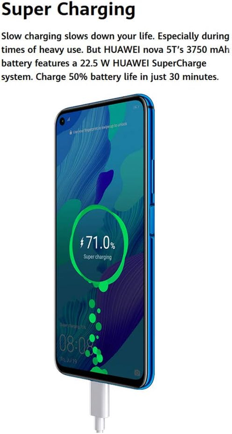 Nova 5T (128GB, 6GB) 6.26" LCD, Kirin 980, 48MP Quad Camera, 22.5W Fast Charge, Dual SIM GSM Unlocked Global 4G LTE International EU Plug with US Adapter (Black)
