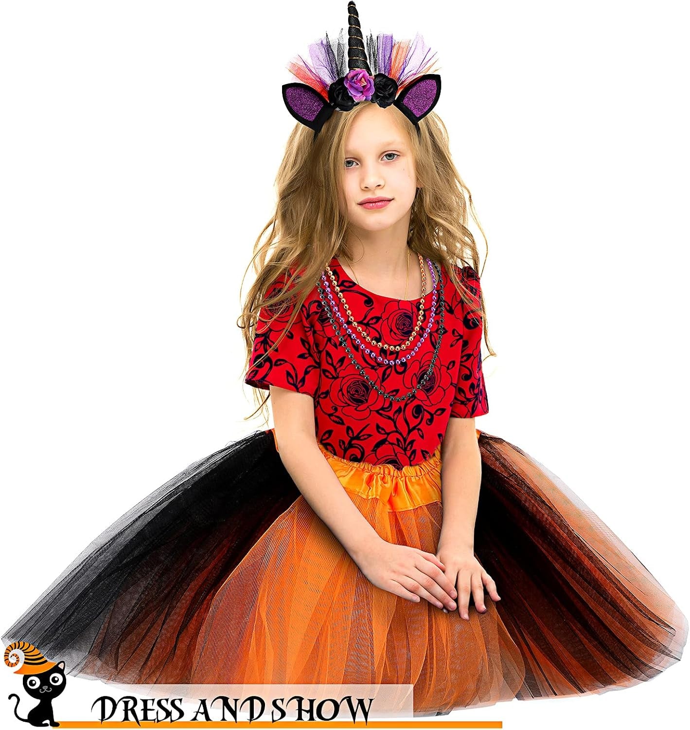 Halloween Unicorn Costume Set Included Unicorn Headband Tutu Skirt Striped Thigh High Socks Purple Orange Black Beaded Chains for Halloween Cosplay Party