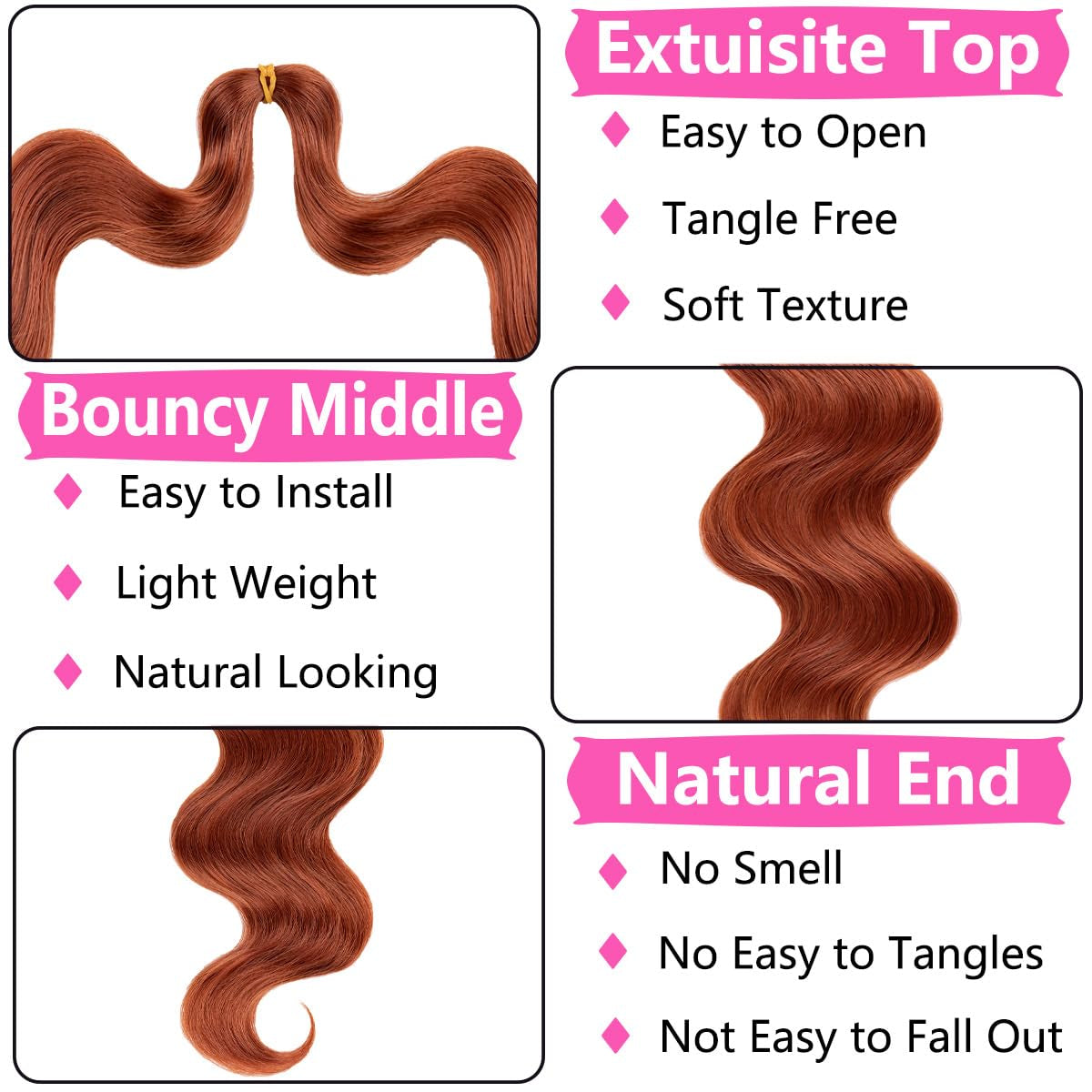 9 Packs Short Body Wave Braiding Hair 10 Inch Pre-Feathered Copper Red Premium Bouncy French Curl Wavy Braiding Hair Wavy Texture Braiding Synthetic Hair Extensions for Goddess Box Braids (350#)