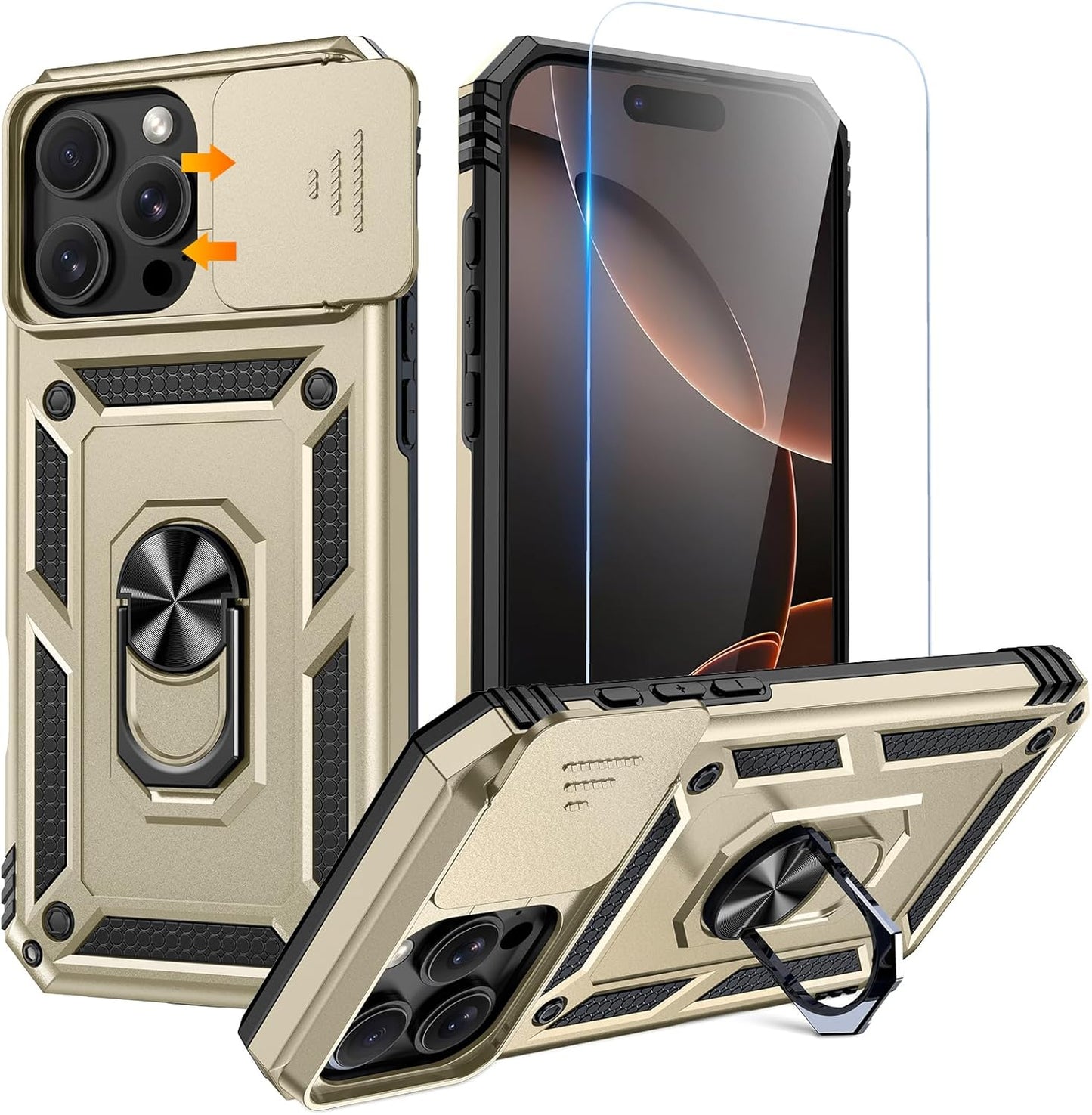 Compatible for Iphone 16 Case with Screen Protector - Slide Camera Cover Protective Phone Case with Ring Stand, Heavy Duty Shockproof Rugged Bumper for Iphone 16 Accessories Blue