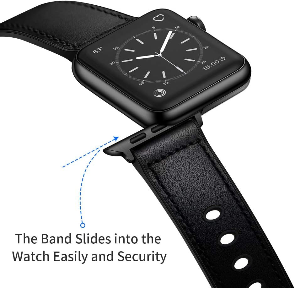 Compatible with Apple Watch Band 41Mm 40Mm 38Mm, Sweatproof Genuine Leather and Rubber Hybrid Band Strap Compatible with Iwatch Series 9 8 7 6 5 4 3 2 1 SE, Black Band with Black Adapter 2.0