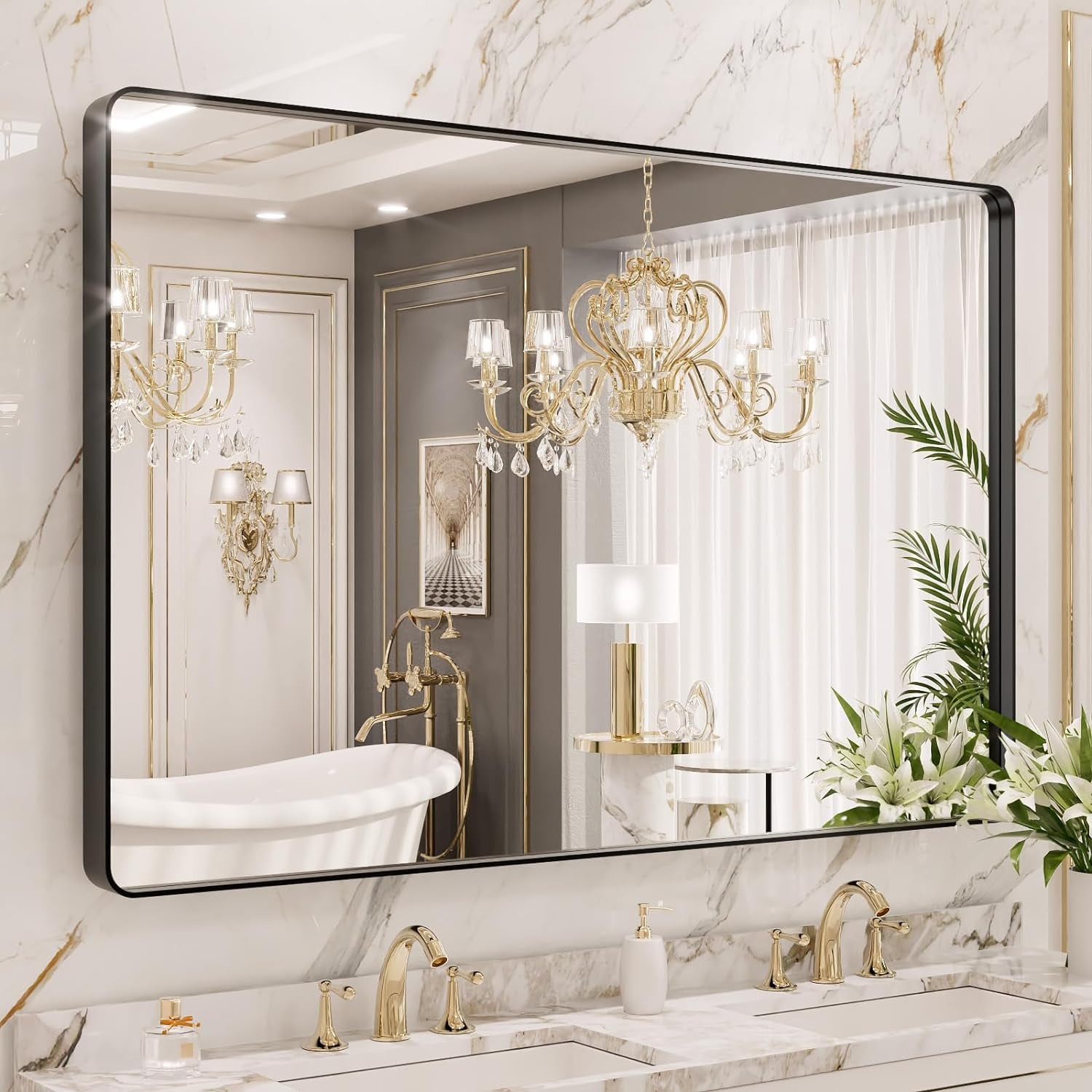 50X30 Inch Black Metal Framed Bathroom Mirror for Wall, Matte Black Bathroom Vanity Mirror Farmhouse, Large Rounded Rectangle Mirror, Anti-Rust, Tempered Glass, Hangs Horizontally or Vertically