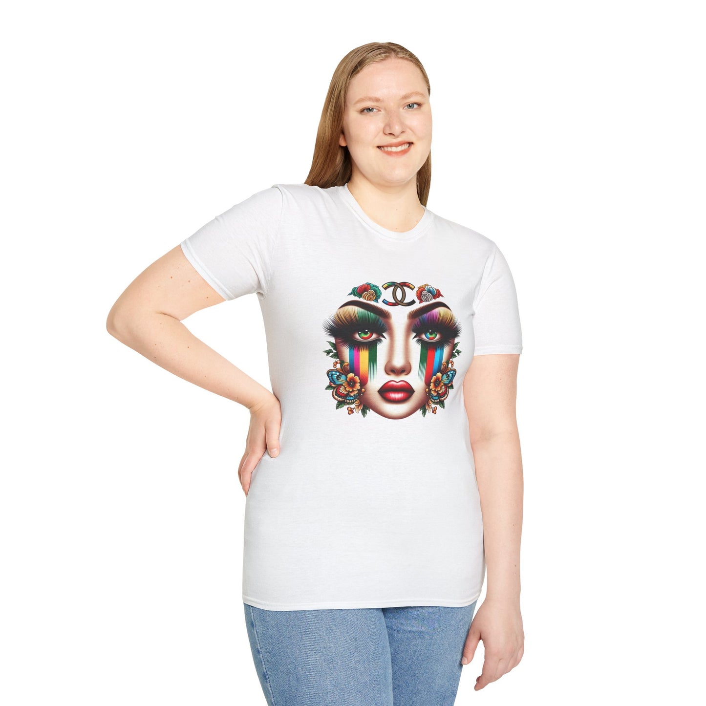 Gucci Inspired Vibrant Art Face Unisex Softstyle T-Shirt - Colorful Floral Design