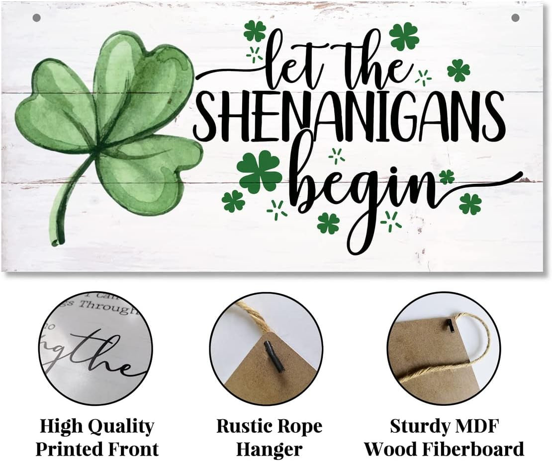 Hanging St. Patricks Day Wood Decor Sign, Let the Shenanigans Begin Printed Wood Wall Art Sign, Home Signs Decor, Hanging Door Wood Sign, Shamrock Sign, St Patricks Day Decor, Rustic Farmhouse Decor