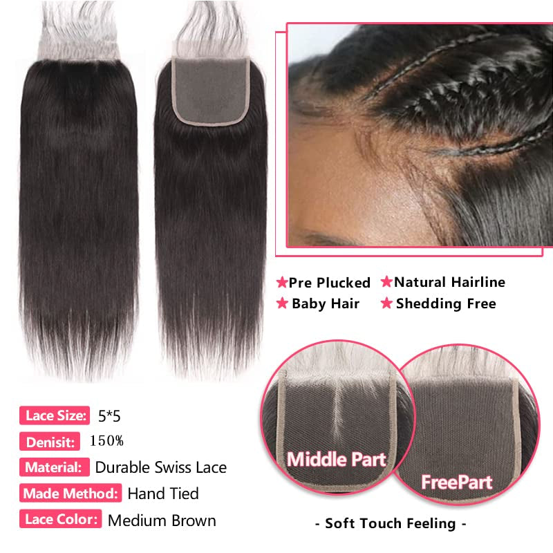 5X5 Lace Closure Human Hair Transparent Lace Frontal Closure Pre Plucked with Baby Hair 100% Brazilian Virgin Hair 12 Inch 150% Density Free Part No Split Closure Natural Color (12 Inch)